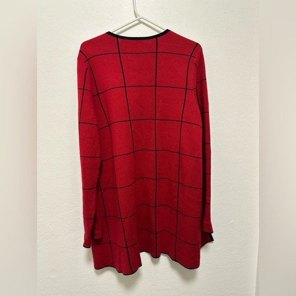 Talbots Red Black Grid Open Front Long Sleeve Cardigan Sweater‎ - Picture 4 of 4